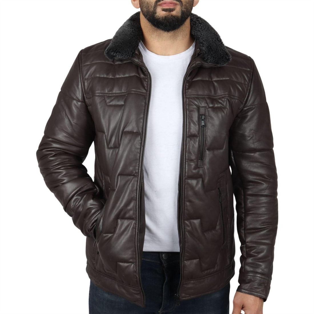 Men's Quilted Padded Real Leather Safari Parka Coat Jacket Fleece Collar - Knighthood Store