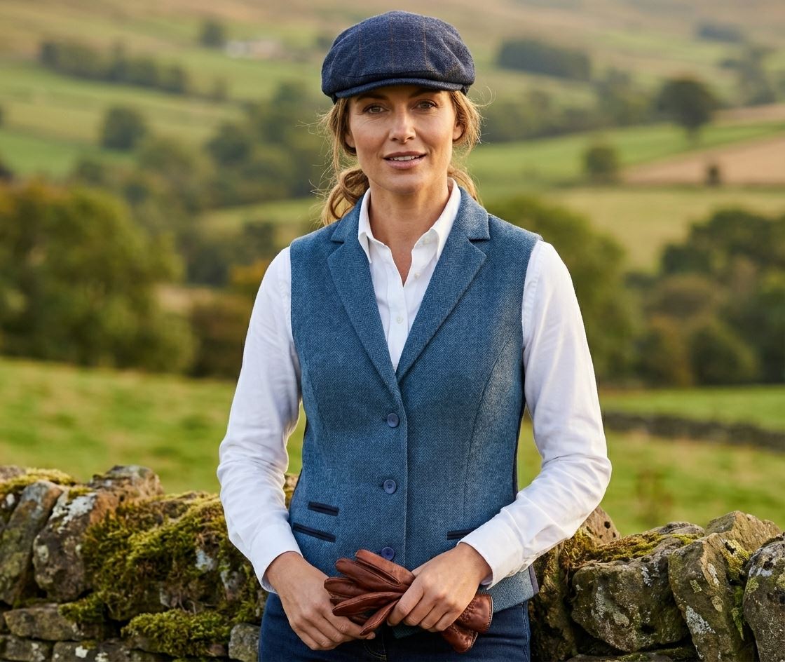 IMW-01 - Women's Blue Tweed Herringbone Blazer Waistcoat