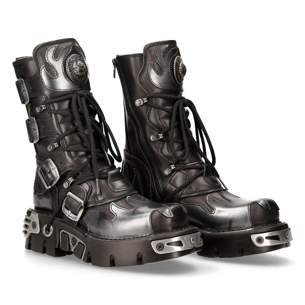 New Rock New Rock 591-S2 Silver Flame Metal Black Leather Emo Punk Goth Boots - Knighthood Store