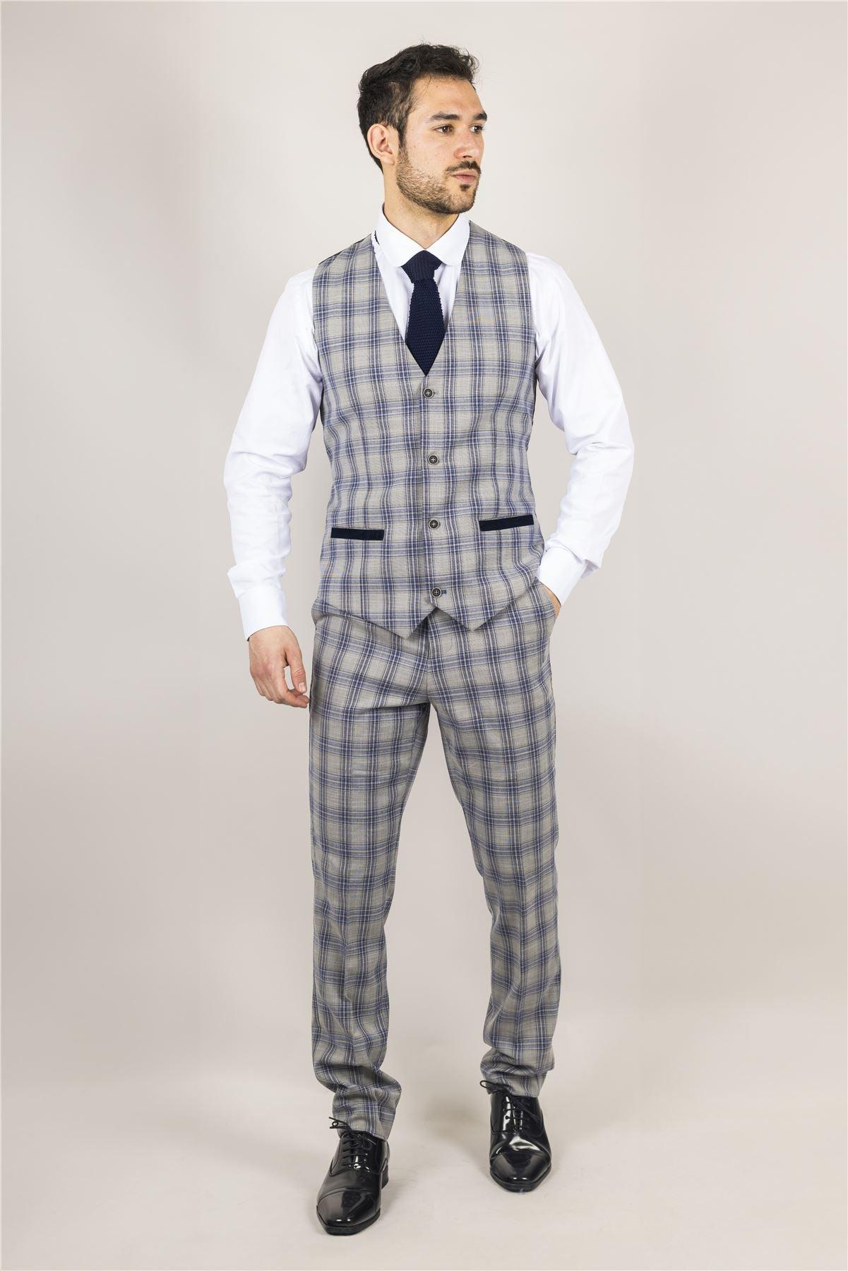 Men's Suit 3 Piece Grey Blue Checked Classic Plaid Tailored Fit Formal Dress - Knighthood Store