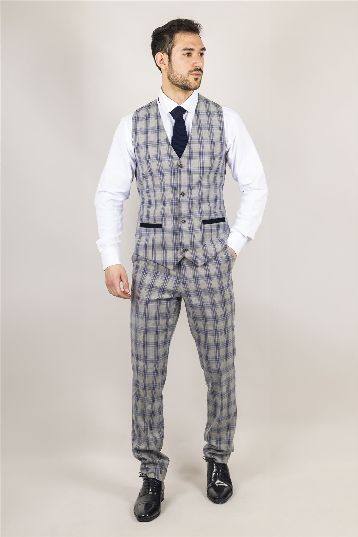 Men's Suit 3 Piece Grey Blue Checked Classic Plaid Tailored Fit Formal Dress