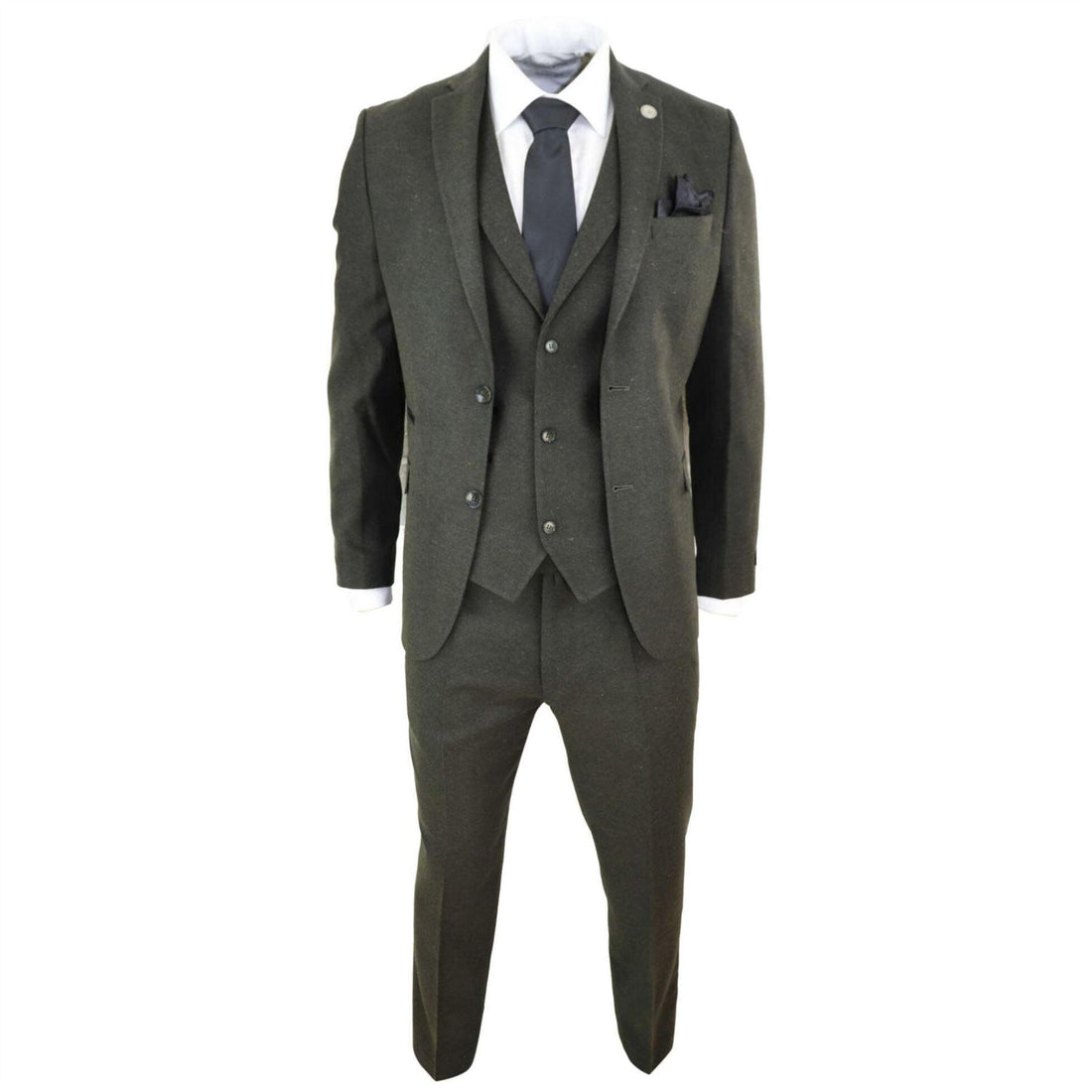 Mens Wool 3 Piece Suit Tweed Olive Green Black Tailored Fit Classic - Knighthood Store