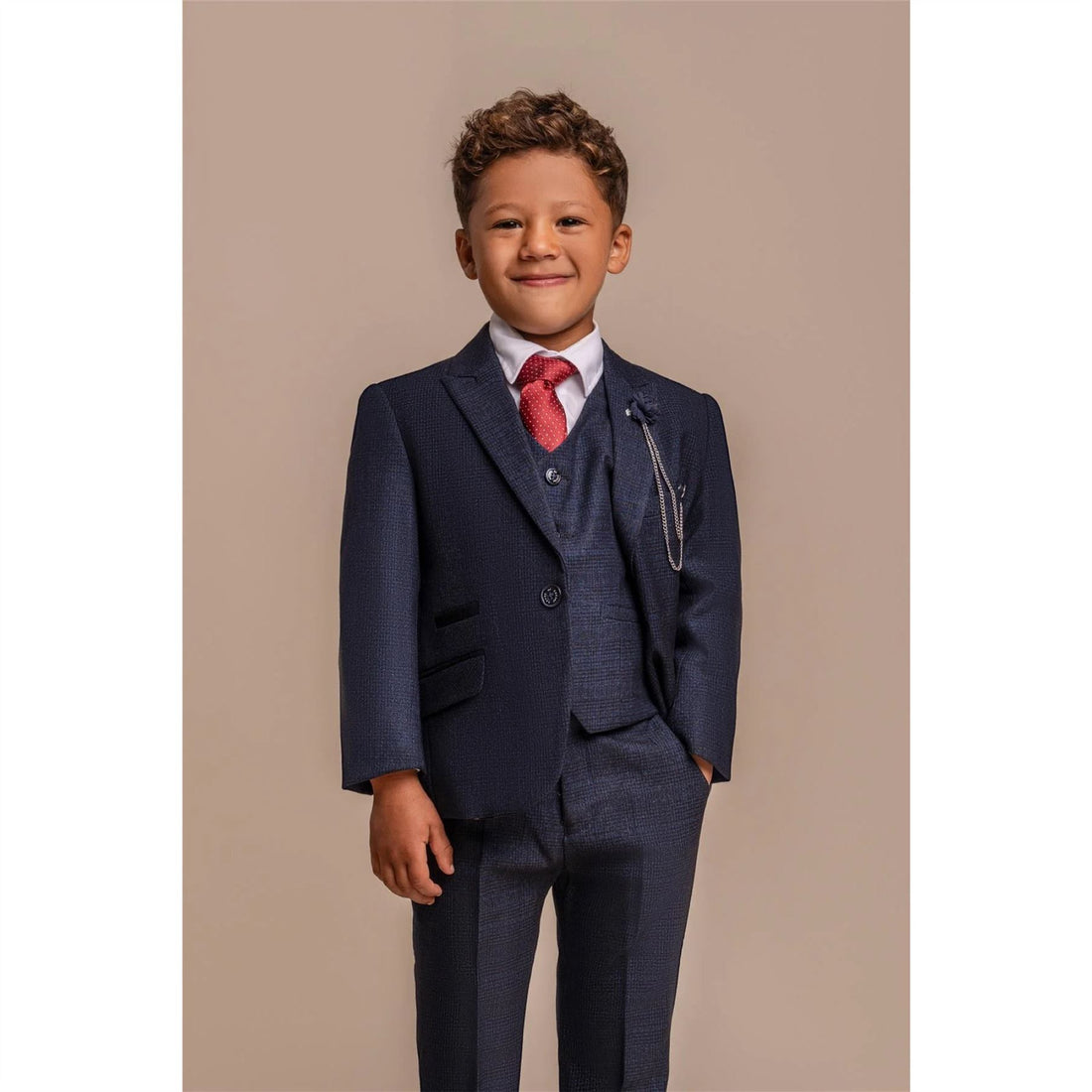 Boys 3 Piece Navy Check Suit Tweed Tailored Fit Wedding