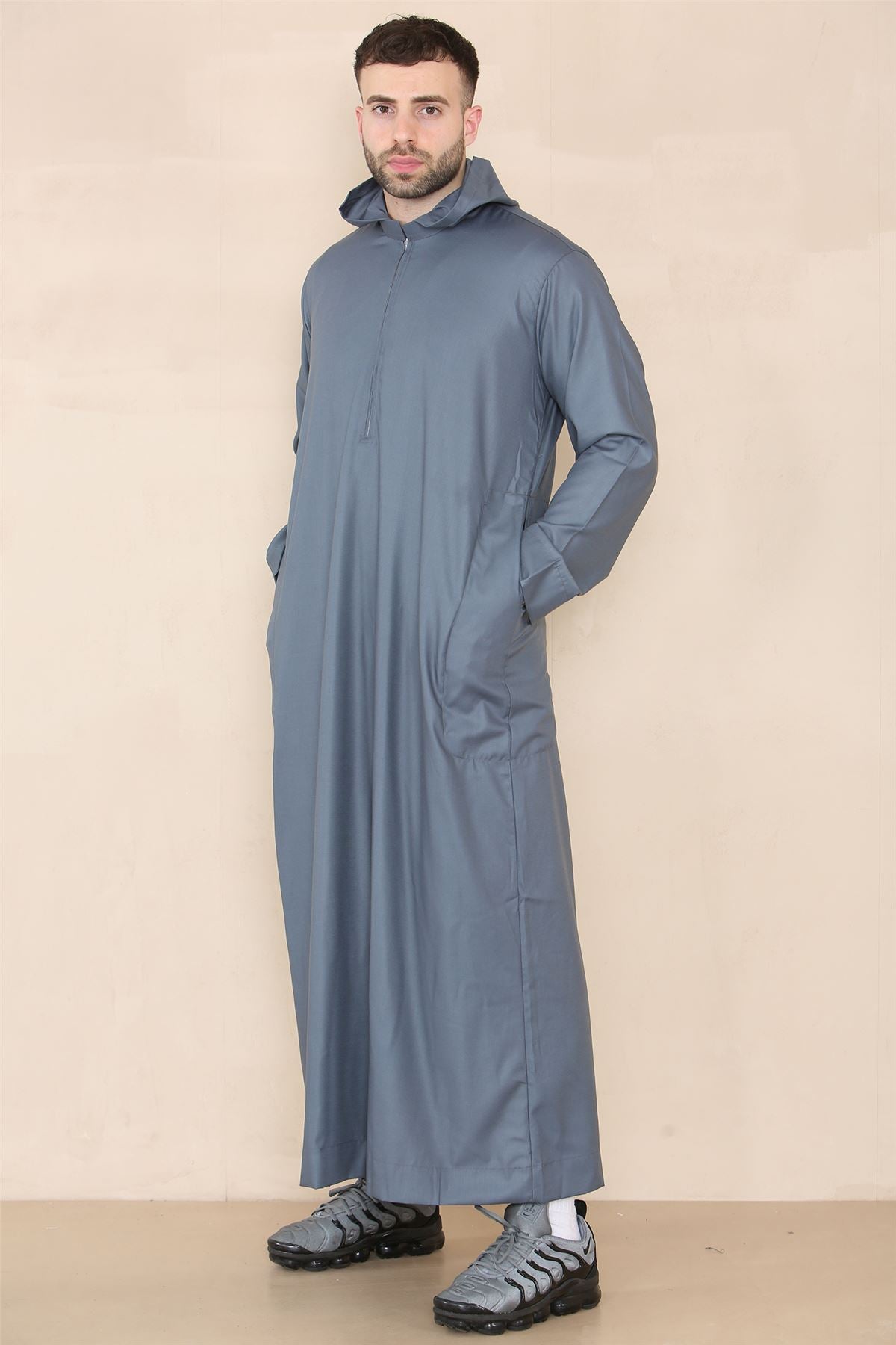 Mens Hooded Thobe Hood Jubba Nehru Stand Collar Islamic Clothing Muslim Kaftan Robe Saudi Slim Regular Fit
