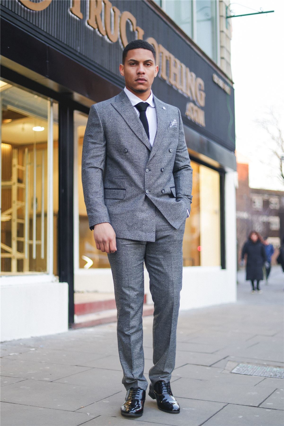 Men's Grey Suit 2 Piece Double Breasted Check Formal Dress