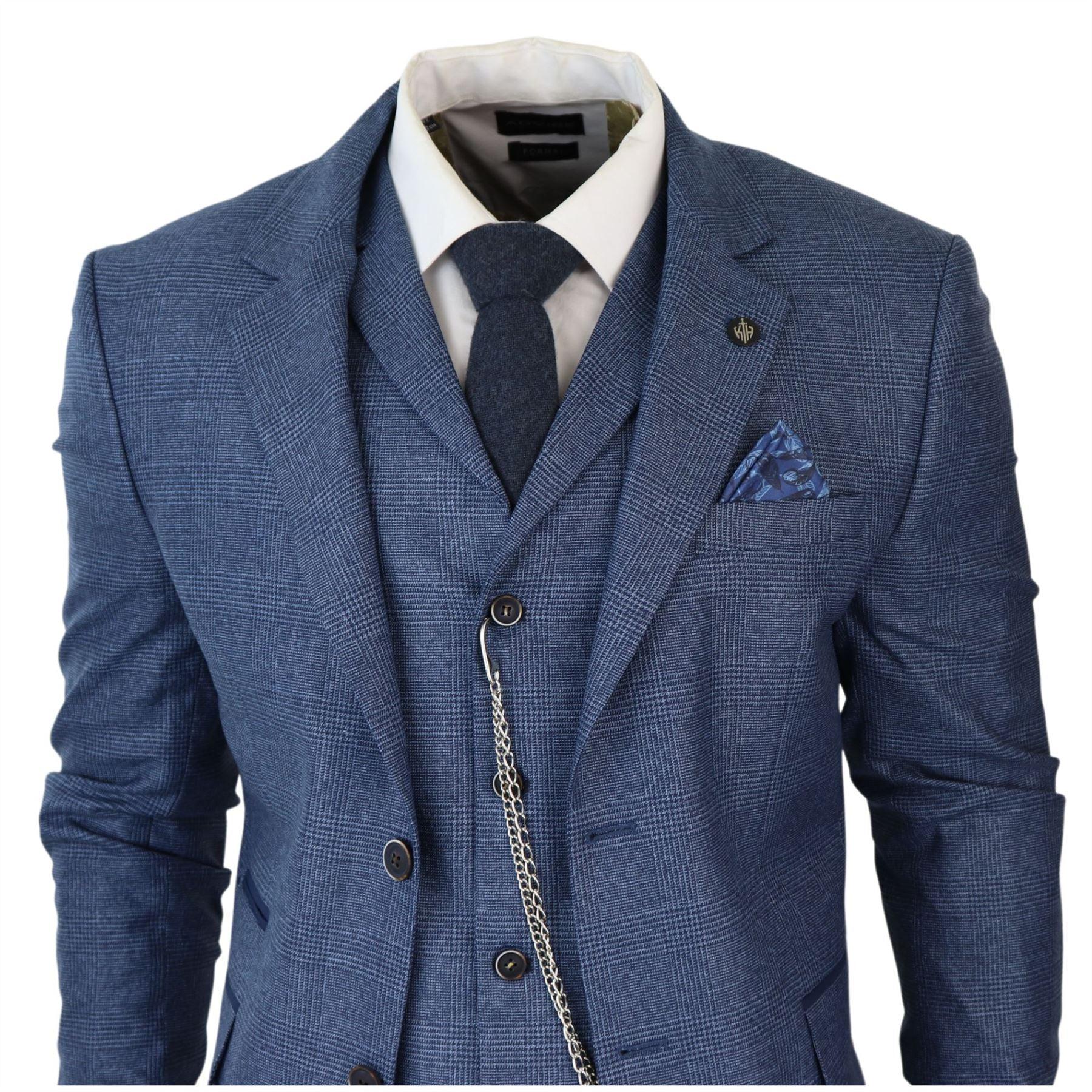 Mens 3 Piece Suit Prince Of Wales Check Blue Tailored Fit Vintage Wedding - Knighthood Store