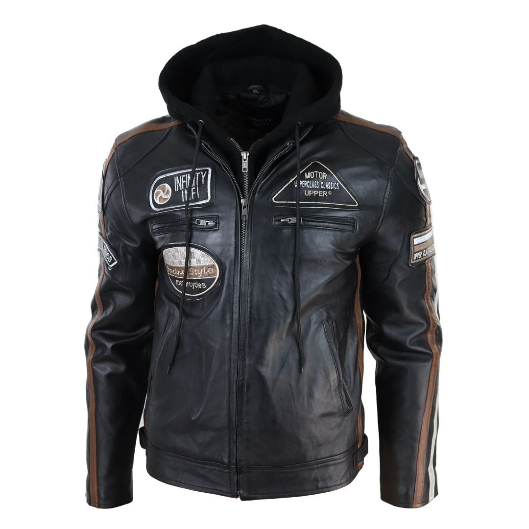Men's Hooded Zipped Biker Leather Jacket | Infinity