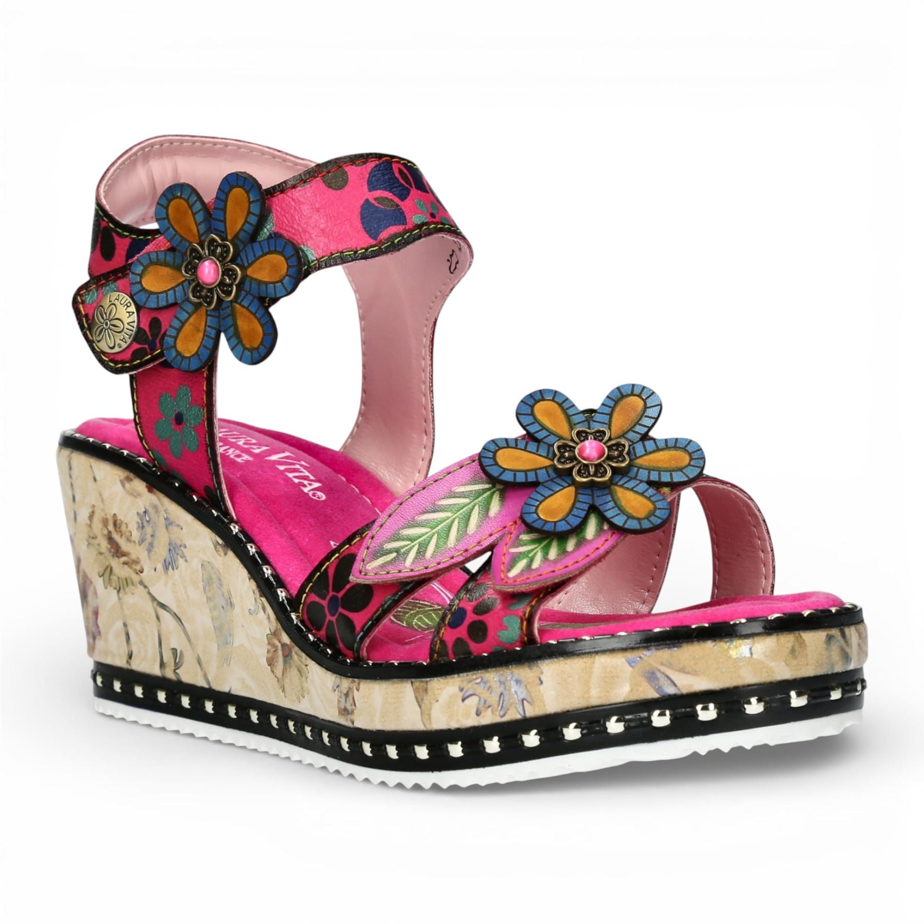 Ballon 08 - Women's Pink Floral Leather Wedge Sandals
