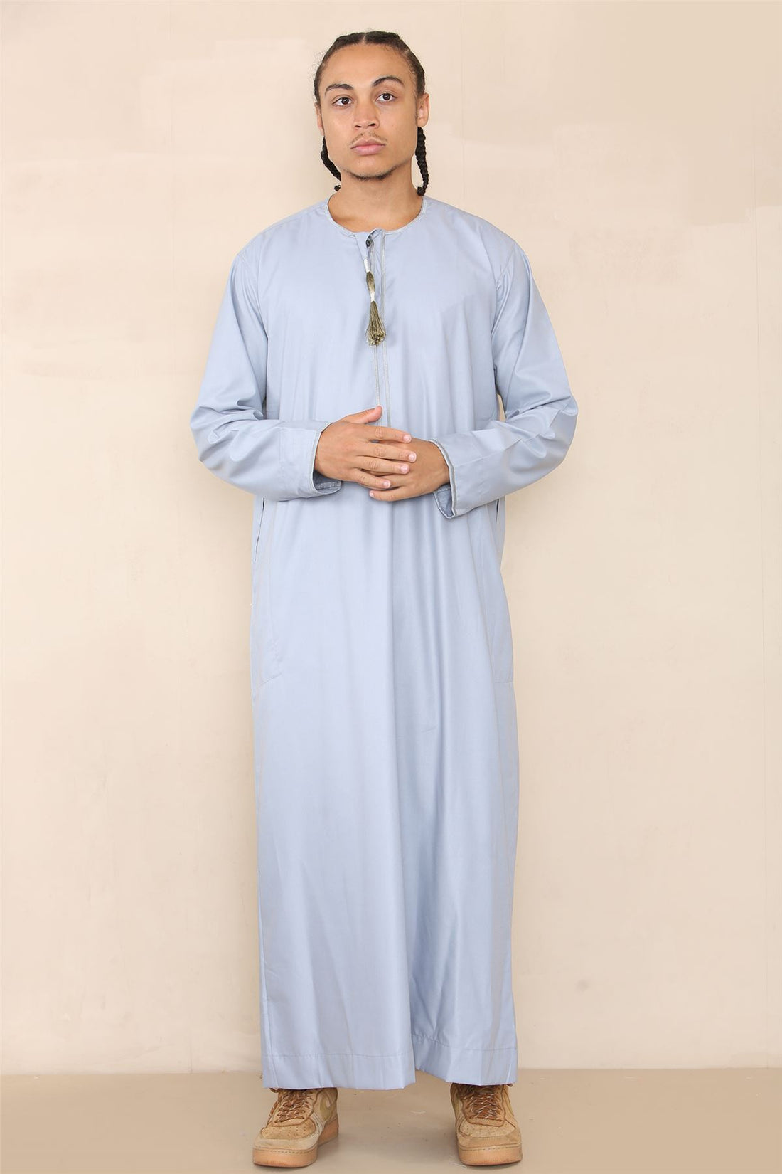 Mens Thobe Jubba Islamic Clothing Muslim Kaftan Emirati Omani Robe Arab Tassel