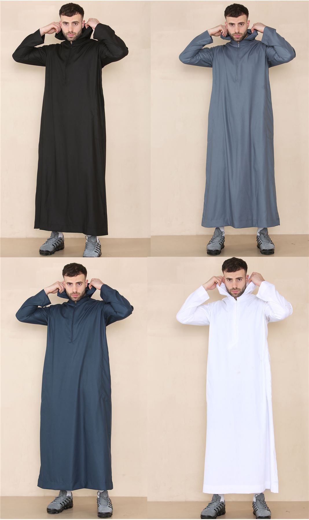 Mens Hooded Thobe Hood Jubba Nehru Stand Collar Islamic Clothing Muslim Kaftan Robe Saudi Slim Regular Fit