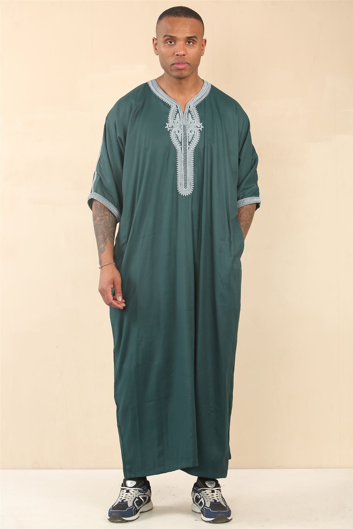 Men's Moroccan Thobe Short Sleeve Gandoura Embroidery Kaftan