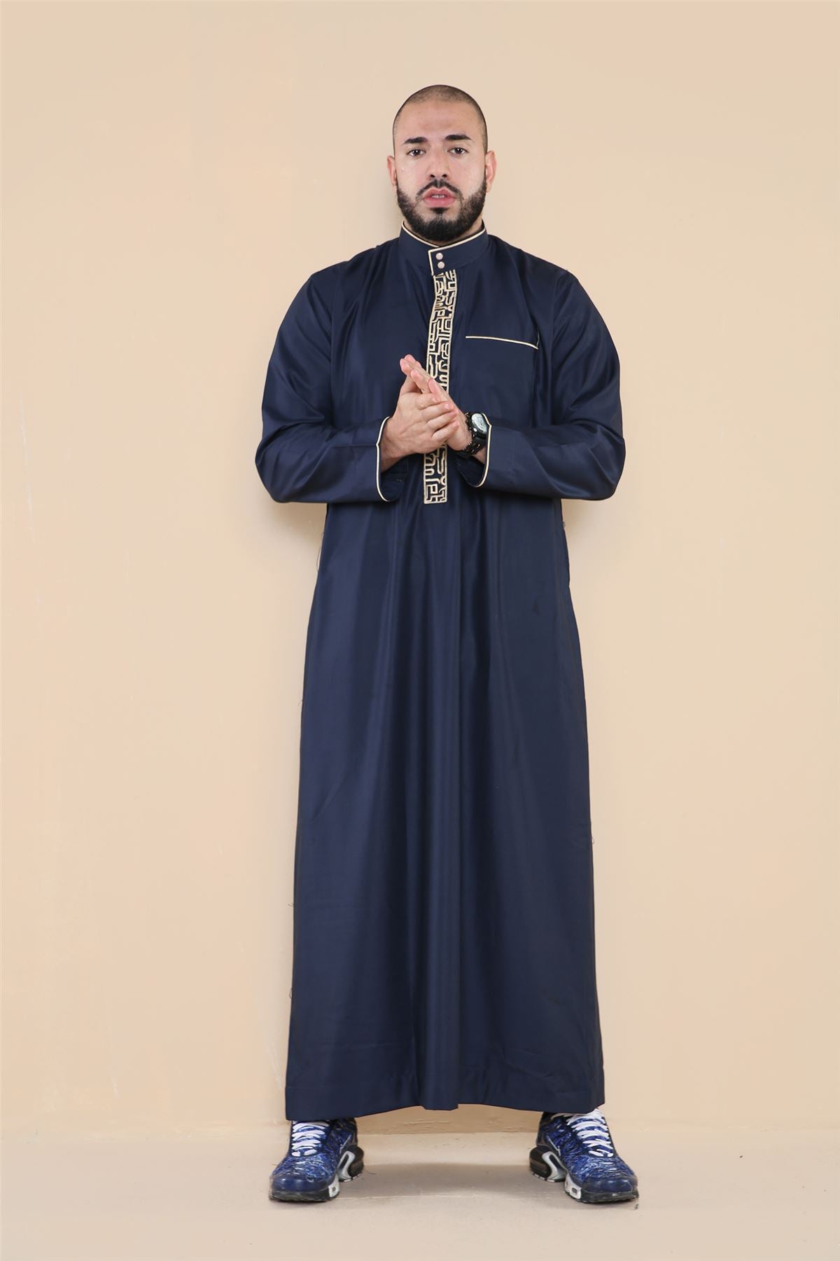 Mens Thobe Jubba Nehru Stand Collar Islamic Clothing Muslim Cotton Kaftan Embroidery Eid Robe Saudi