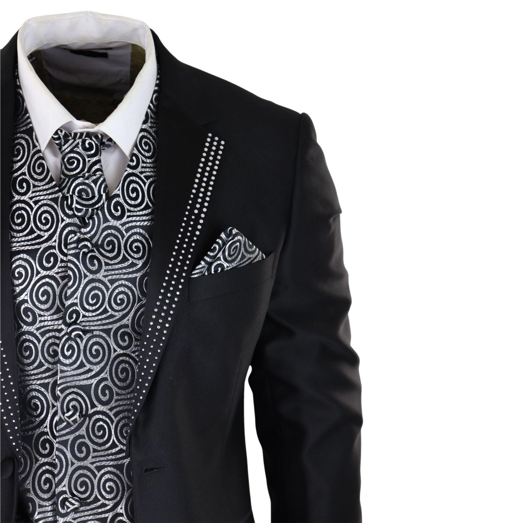 Mens Wedding 3 Piece Black Suit Diamonte Silver Cravat Waistcoat Groom Bestman - Knighthood Store