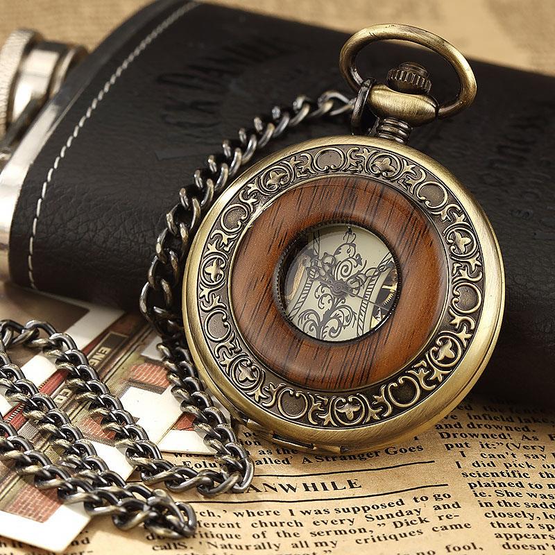 Mechanical Skeleton Half Hunter Vintage Wooden Pocket Watch