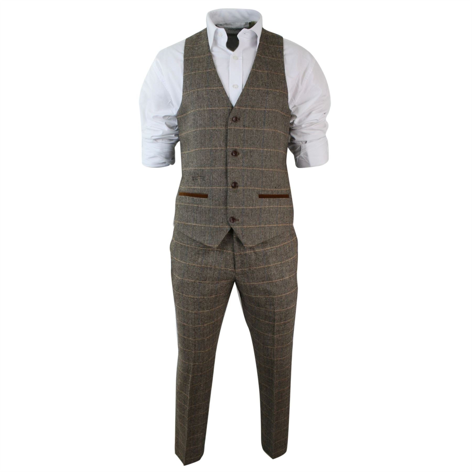 Mens Check Vintage Herringbone Tweed Tan Brown 3 Piece Suit Slim Fit Wedding