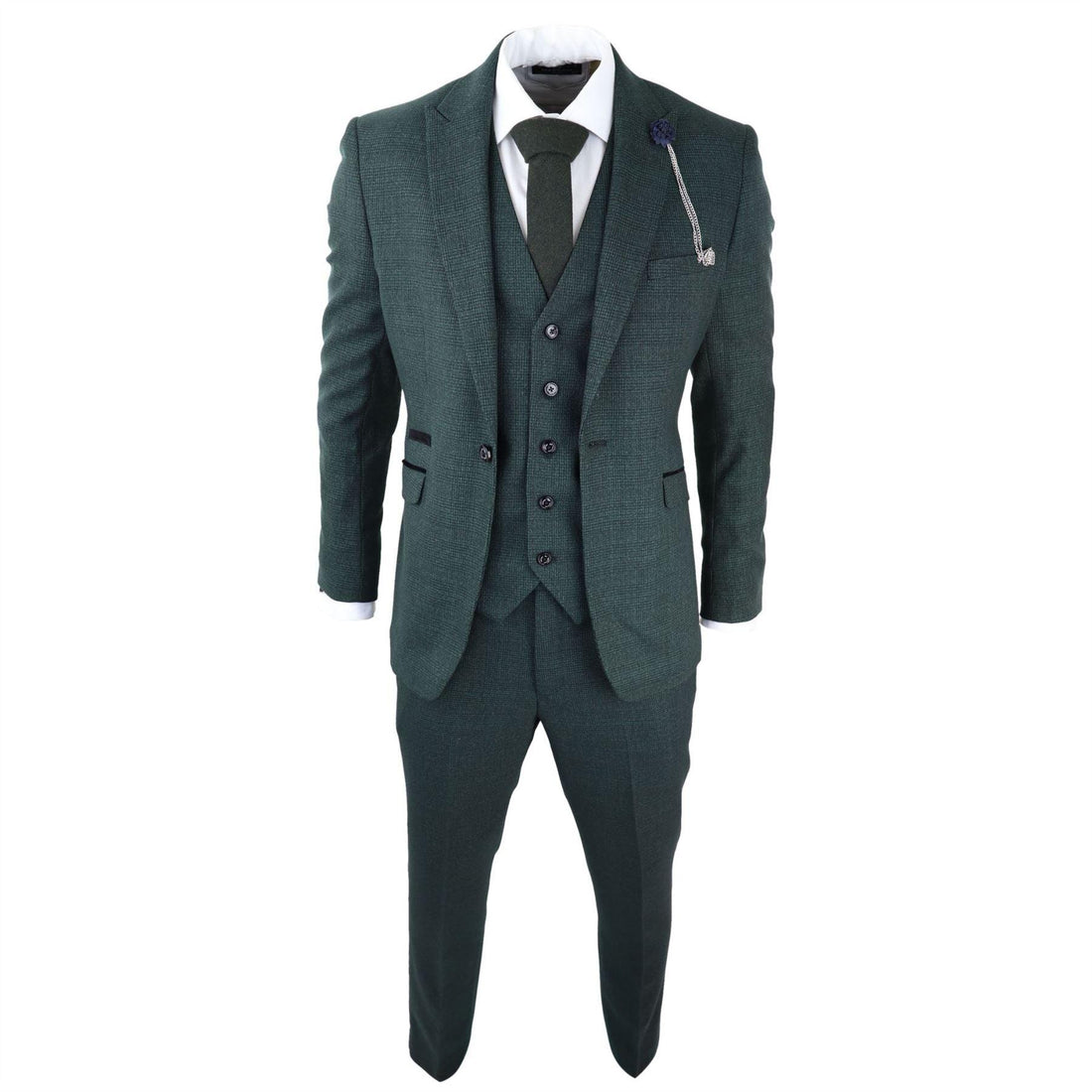 Mens 3 Piece Check Suit Tweed Olive Green Tailored Fit Wedding Peaky Classic - Knighthood Store