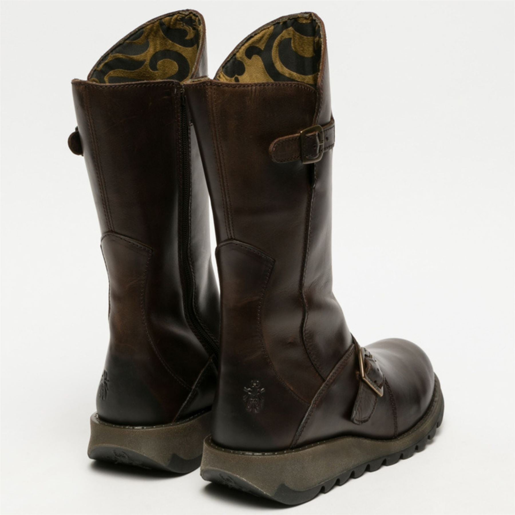 MES2913 - Women's Wedge Heel Buckle Mid Calf Leather Boots