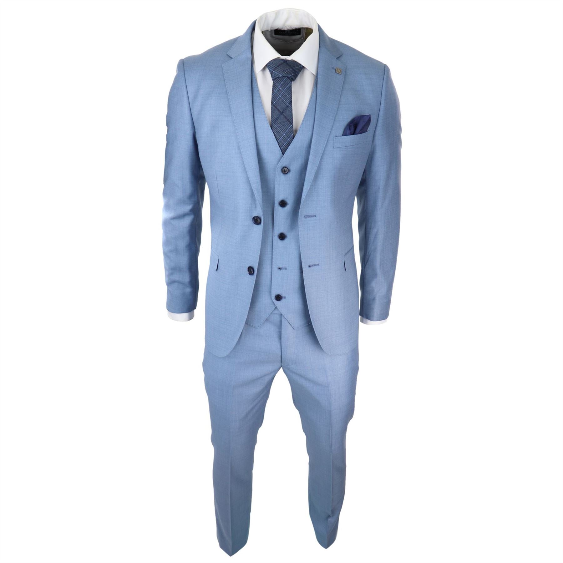 Mens Light Blue Sky 3 Piece Suit Classic Stitch Wedding Summer Prom Classic