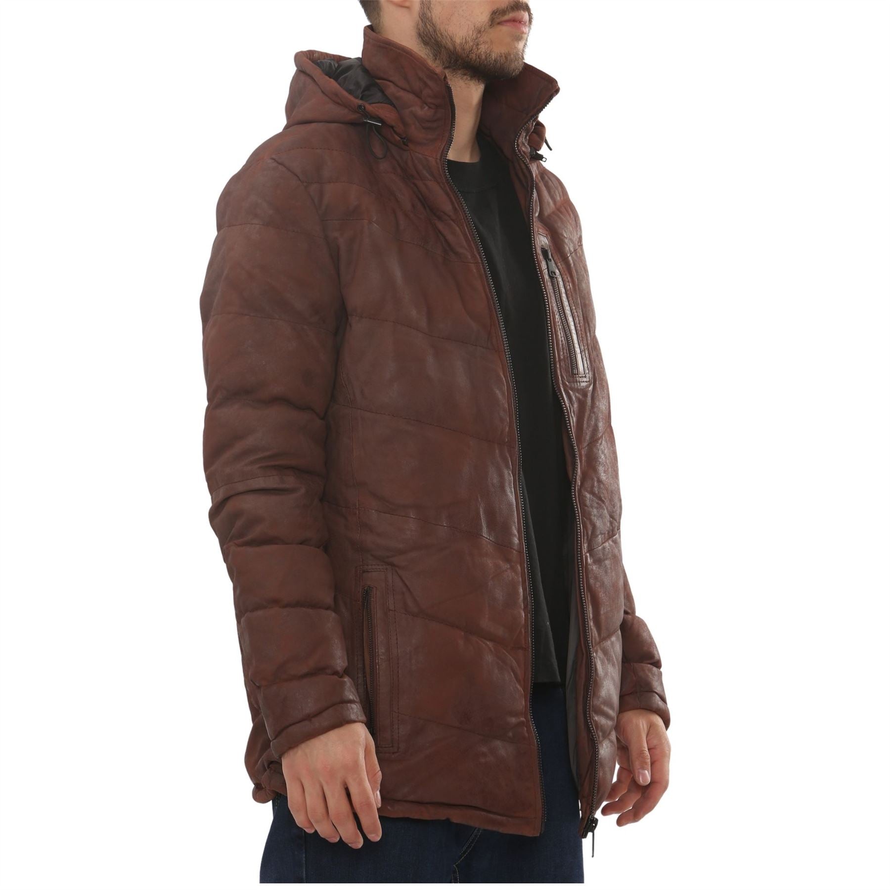 Men's Leather Puffer Jacket Hooded Quilted Winter Coat