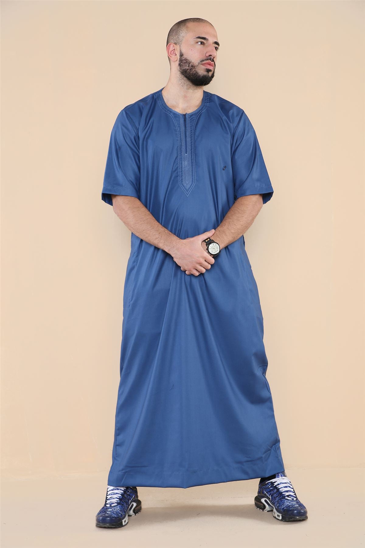 Mens Thobe Jubba Islamic Clothing Kaftan Half Sleeve Robe Moroccan Arab Zipped