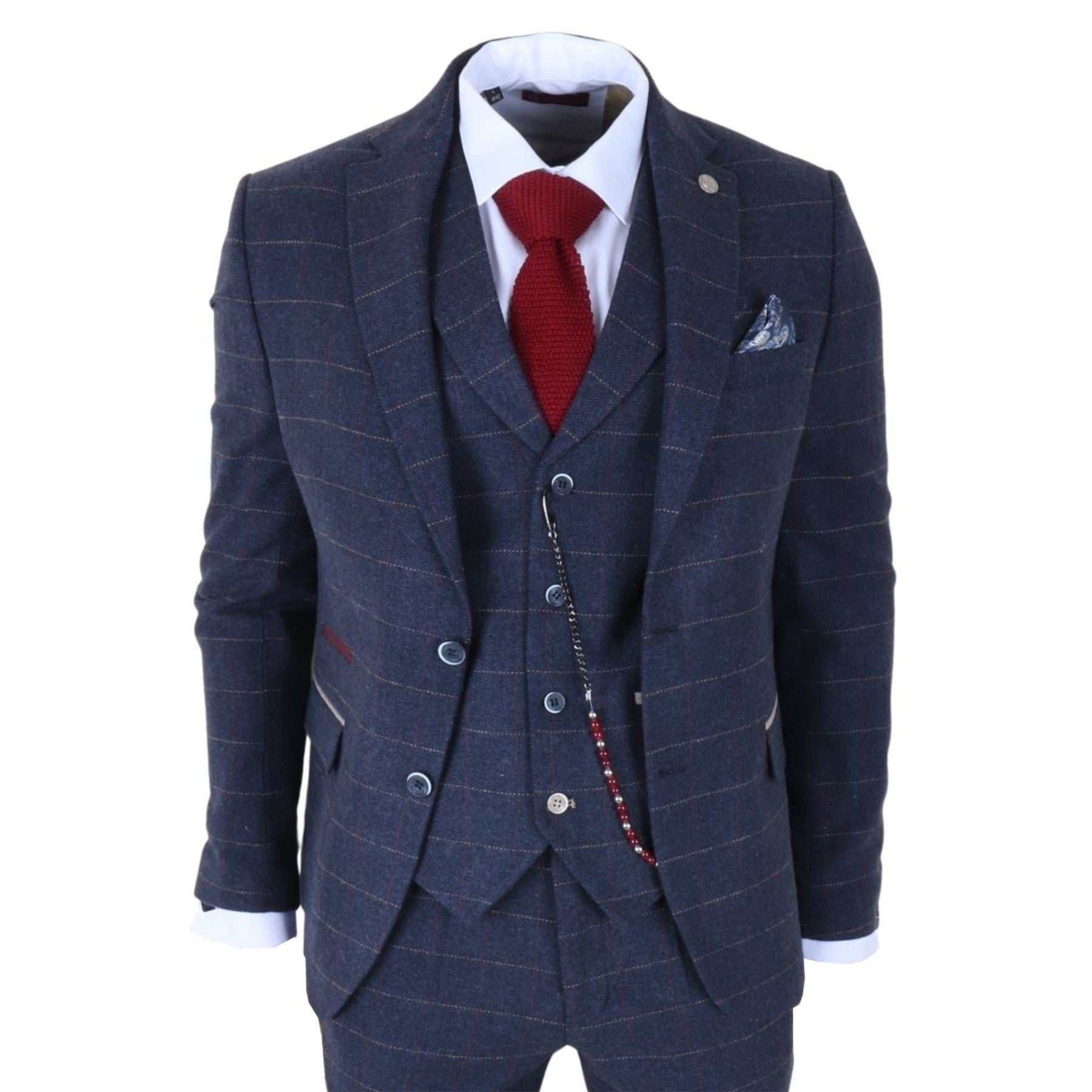 TP-32 - Men's Navy Blue 3 Piece Wool Blend Tweed Suit
