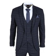 Men's Suit Navy Blue Checked Tailored Fit 3 Piece Formal Dress