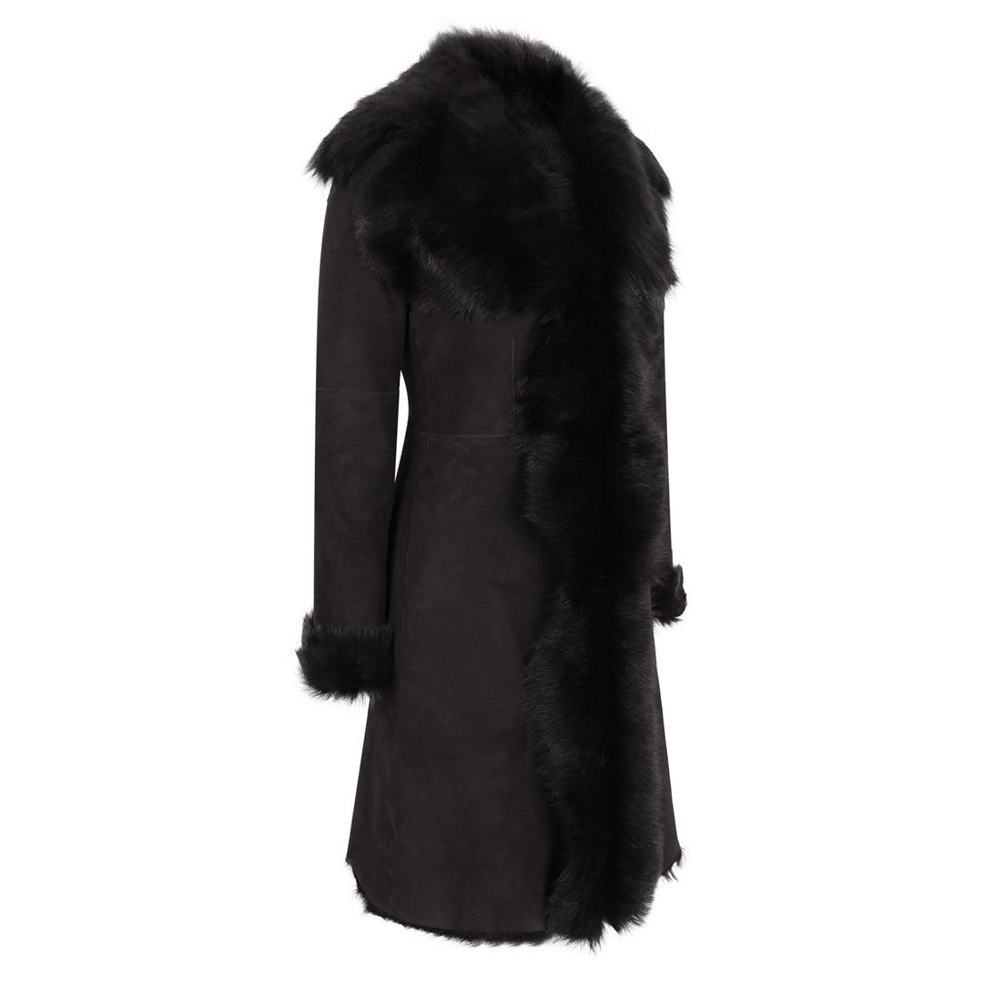 Black Luxury 3/4 Length Ladies Suede Real Toscana Sheepskin Coat Tailored Fit - Knighthood Store