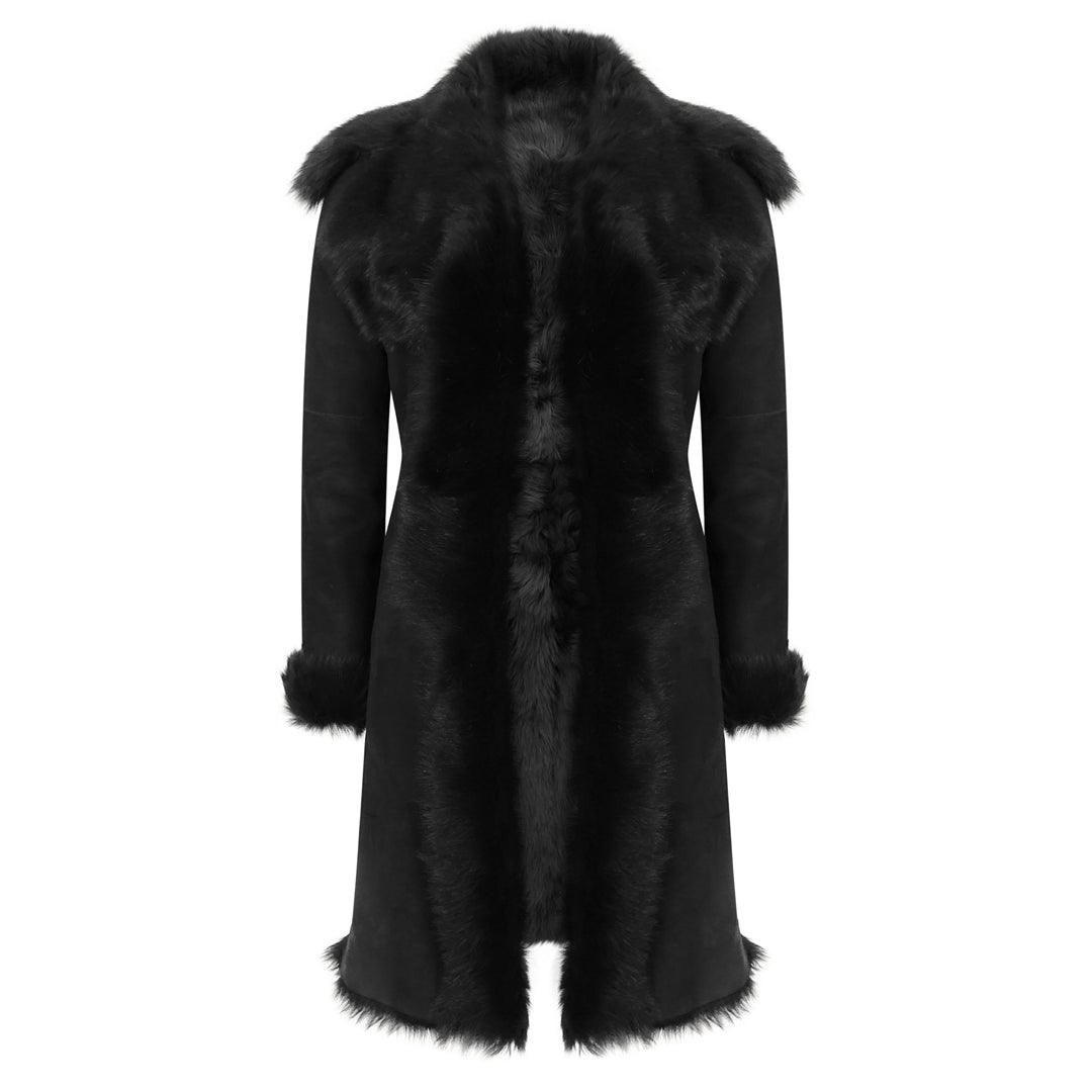 Black Luxury 3/4 Length Ladies Suede Real Toscana Sheepskin Coat Tailored Fit - Knighthood Store