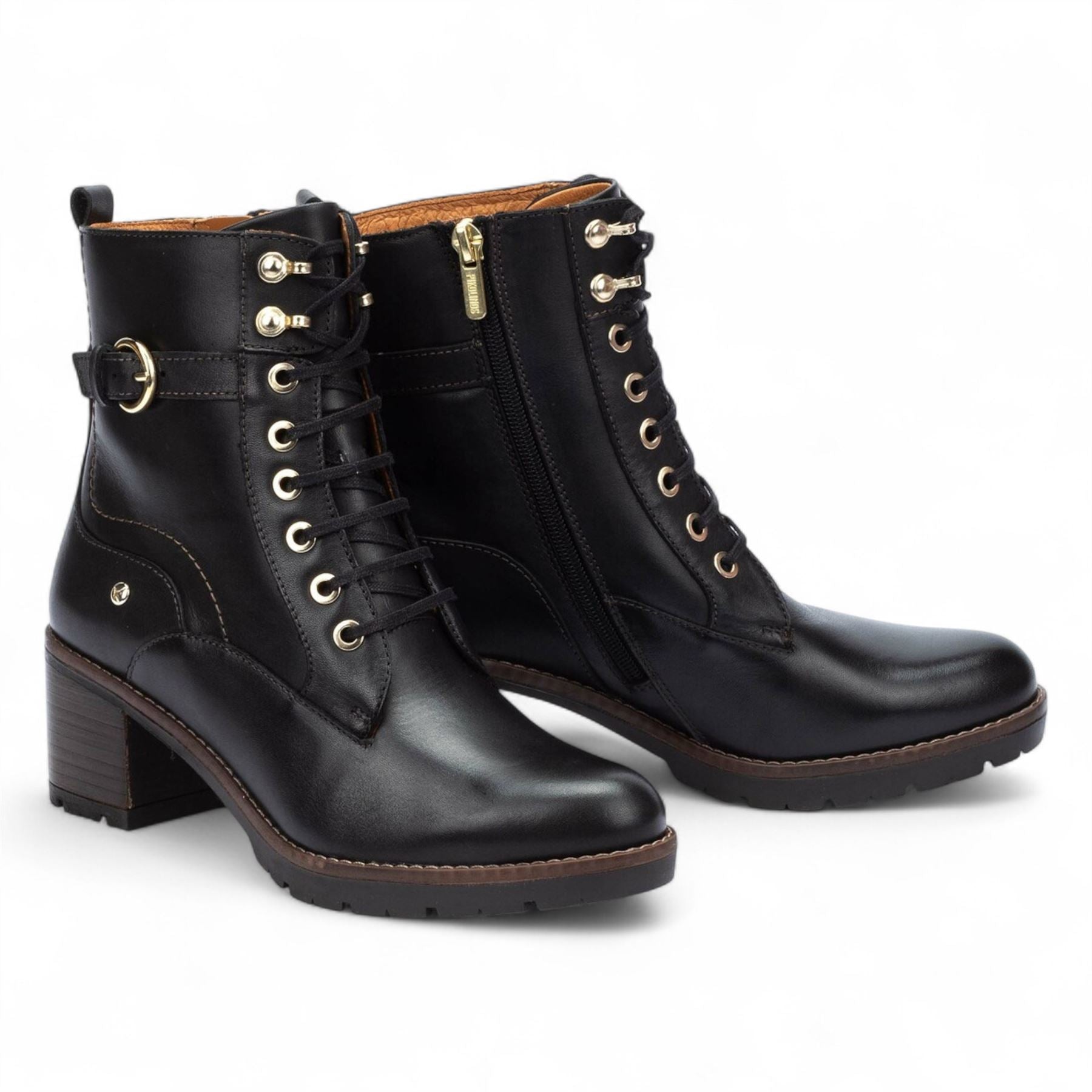 Llanes - Women’s Black Leather Mid-Heel Combat Ankle Boots