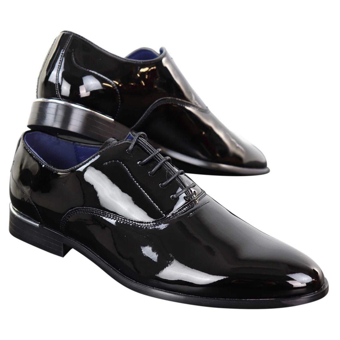 Mens Laced Shoes Shiny Patent Italian Design Silver Metal Classic Smart Formal - Knighthood Store