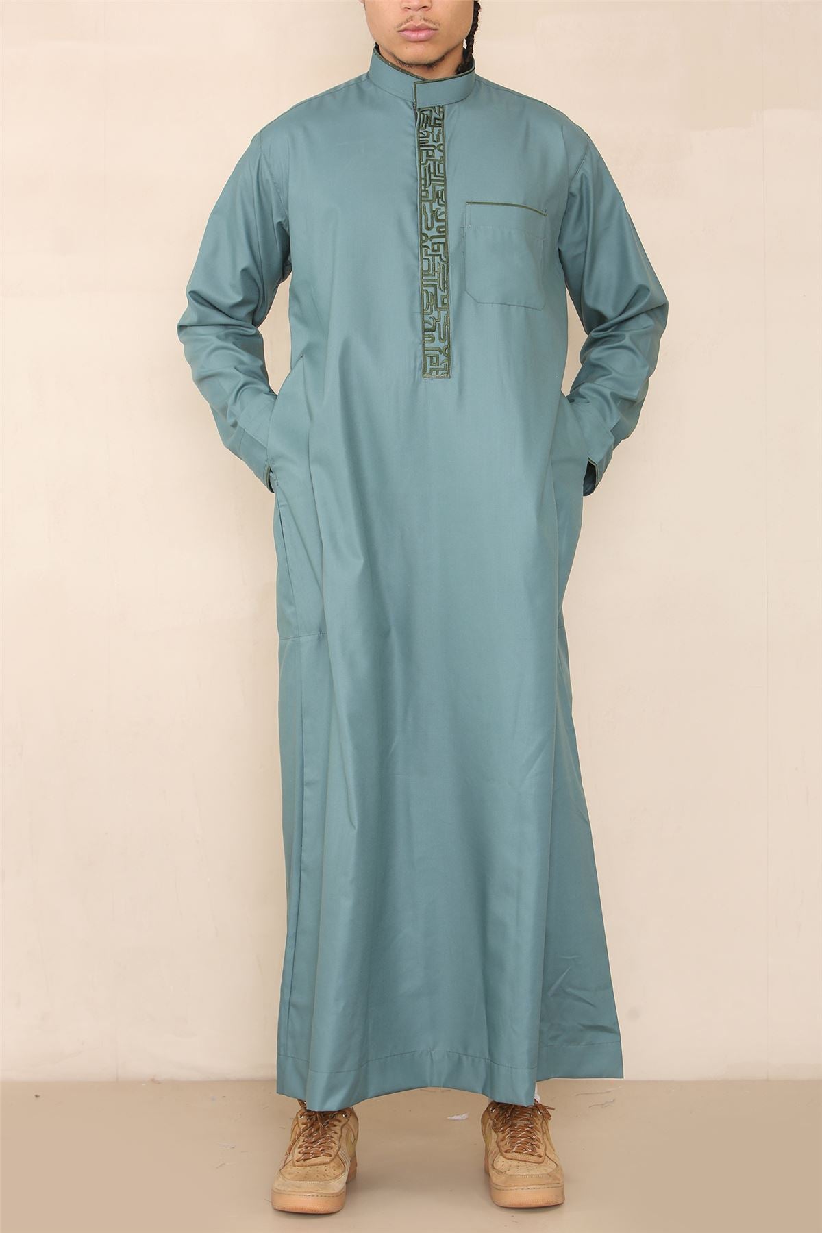 Mens Thobe Jubba Nehru Stand Collar Islamic Clothing Muslim Cotton Kaftan Embroidery Eid Robe Saudi