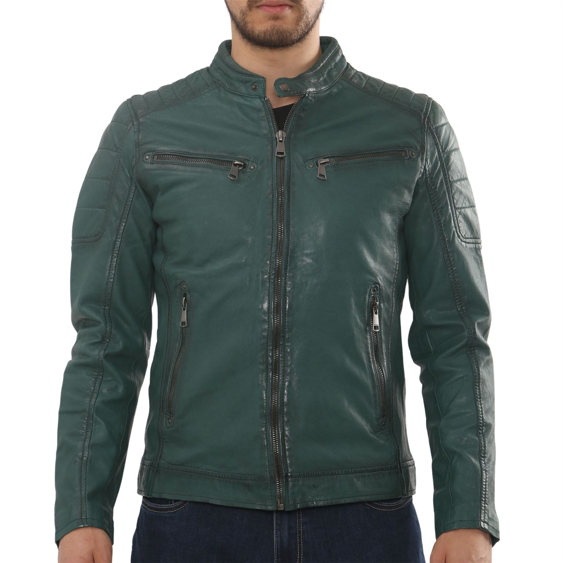 Men's Lambskin Leather Motorcycle Jacket Slim Fit Biker Coat