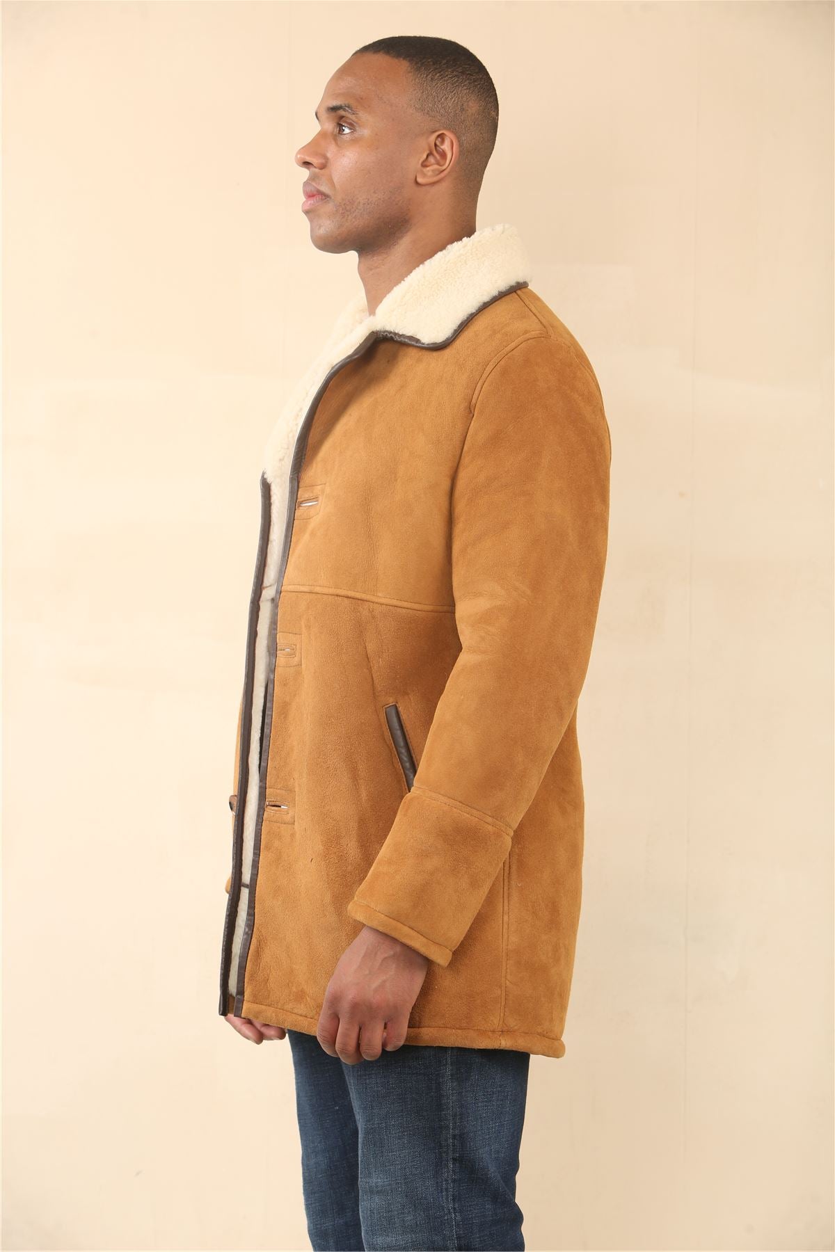 Men's Tan Shearling Sheepskin Car Coat
