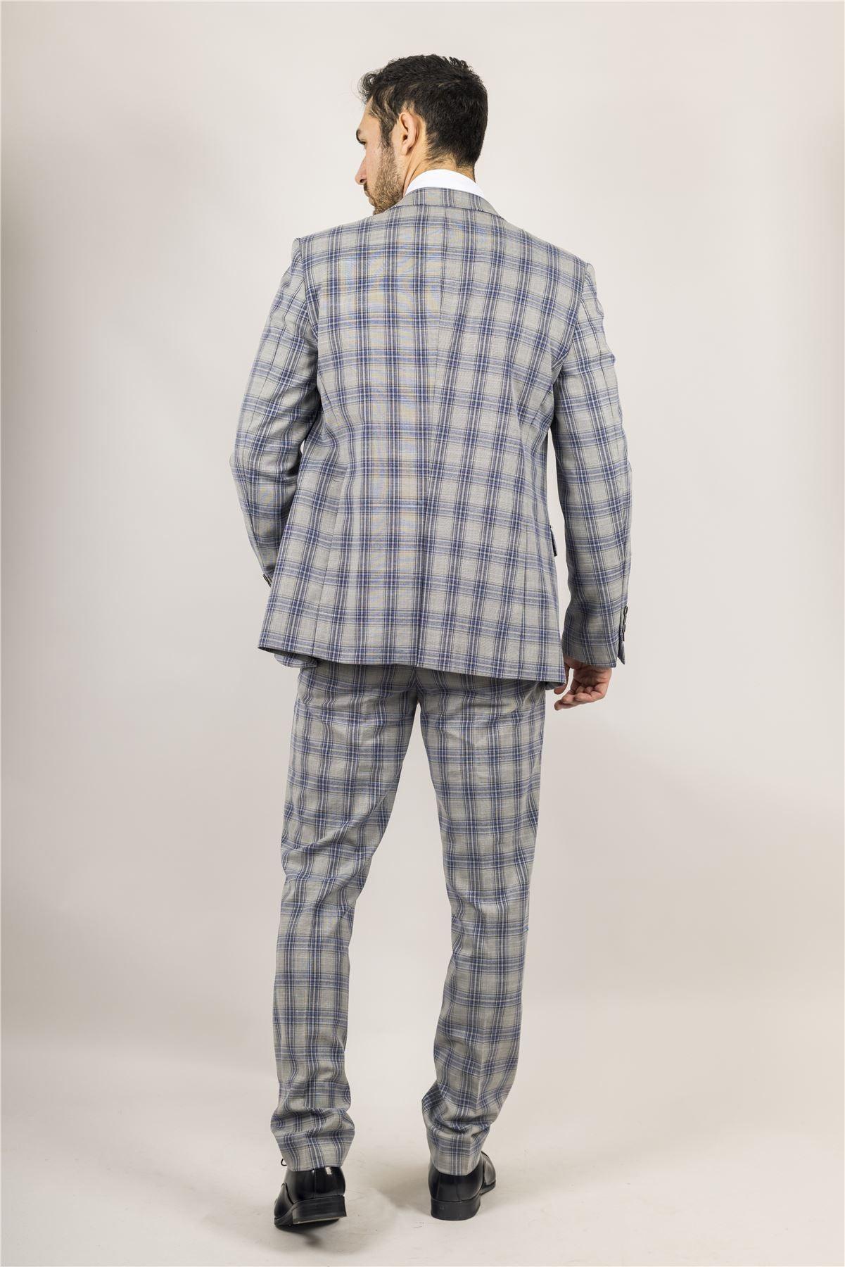 Men's Suit 3 Piece Grey Blue Checked Classic Plaid Tailored Fit Formal Dress - Knighthood Store