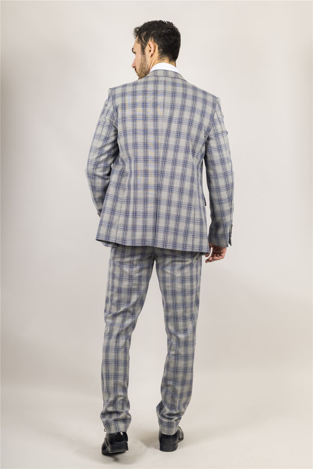 Men's Suit 3 Piece Grey Blue Checked Classic Plaid Tailored Fit Formal Dress