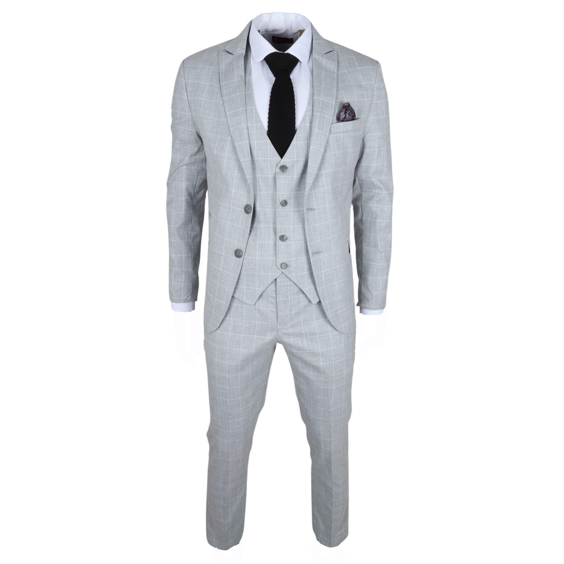 Men's Suit Grey Checked Tailored Fit 3 Piece Formal Dress - Knighthood Store