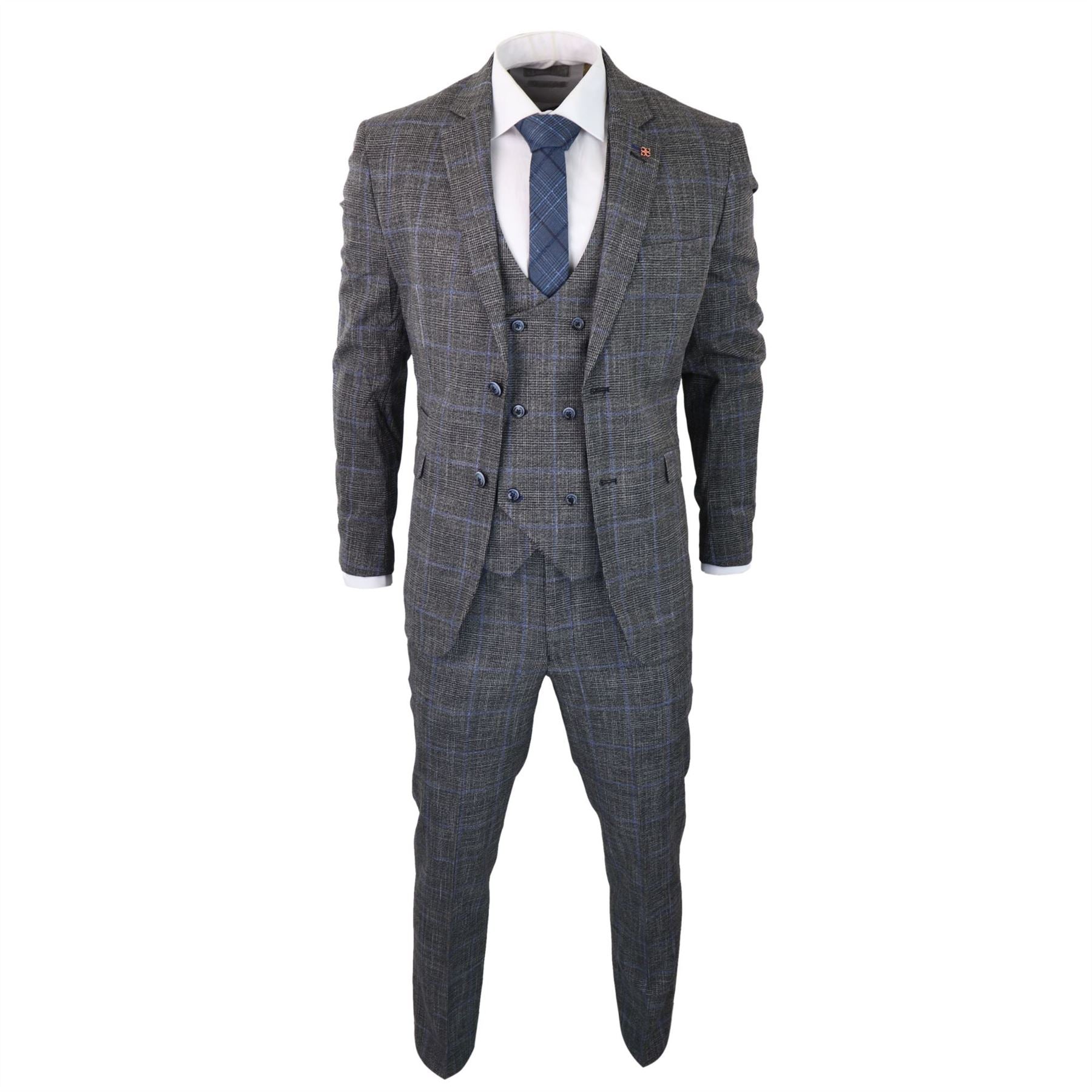 Mens 3 Piece Tailored Fit Suit Check Grey Blue Double Breasted Vintage Wedding