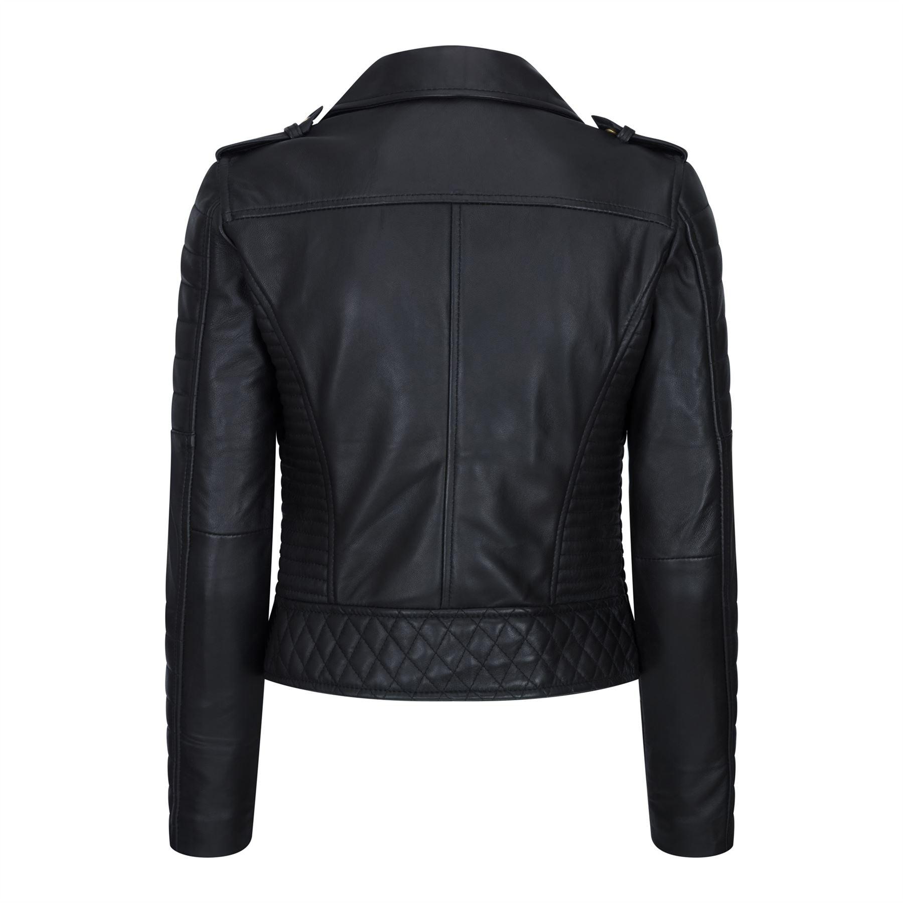 Womens Cross Zip Biker Leather Jacket Brando Matt Black Motorbike Slim Fit Vintage Retro - Knighthood Store
