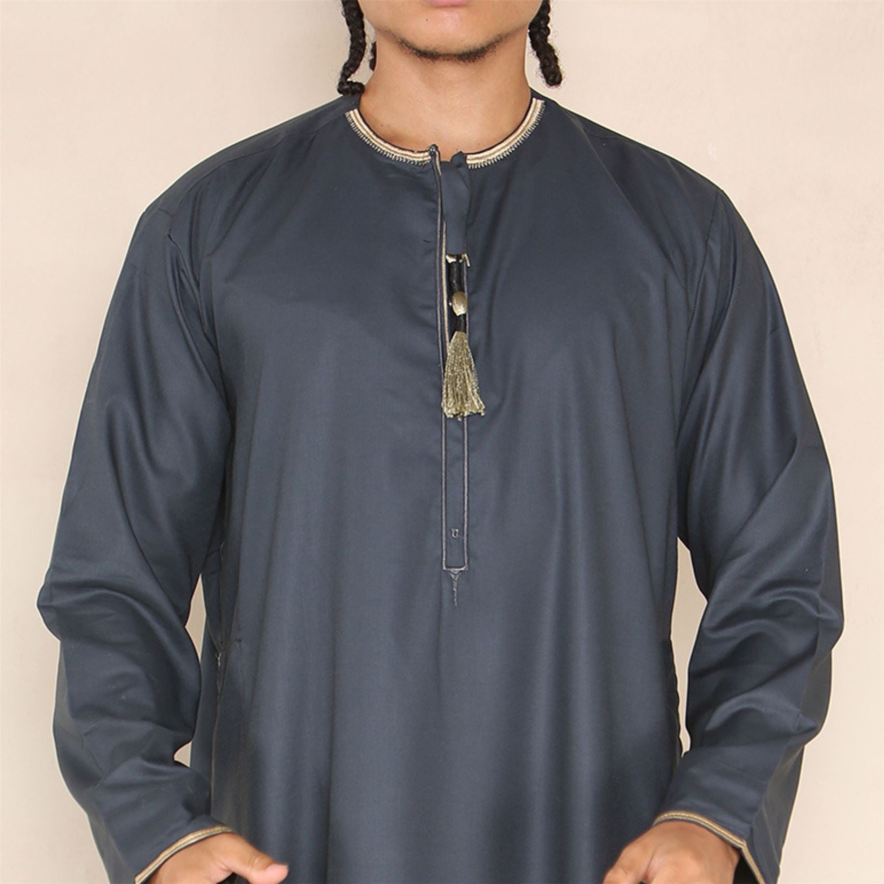 Mens Emirati Omani Thobe Jubba Islamic Clothing Muslim Kaftan Eid Robe Arab String Tassel