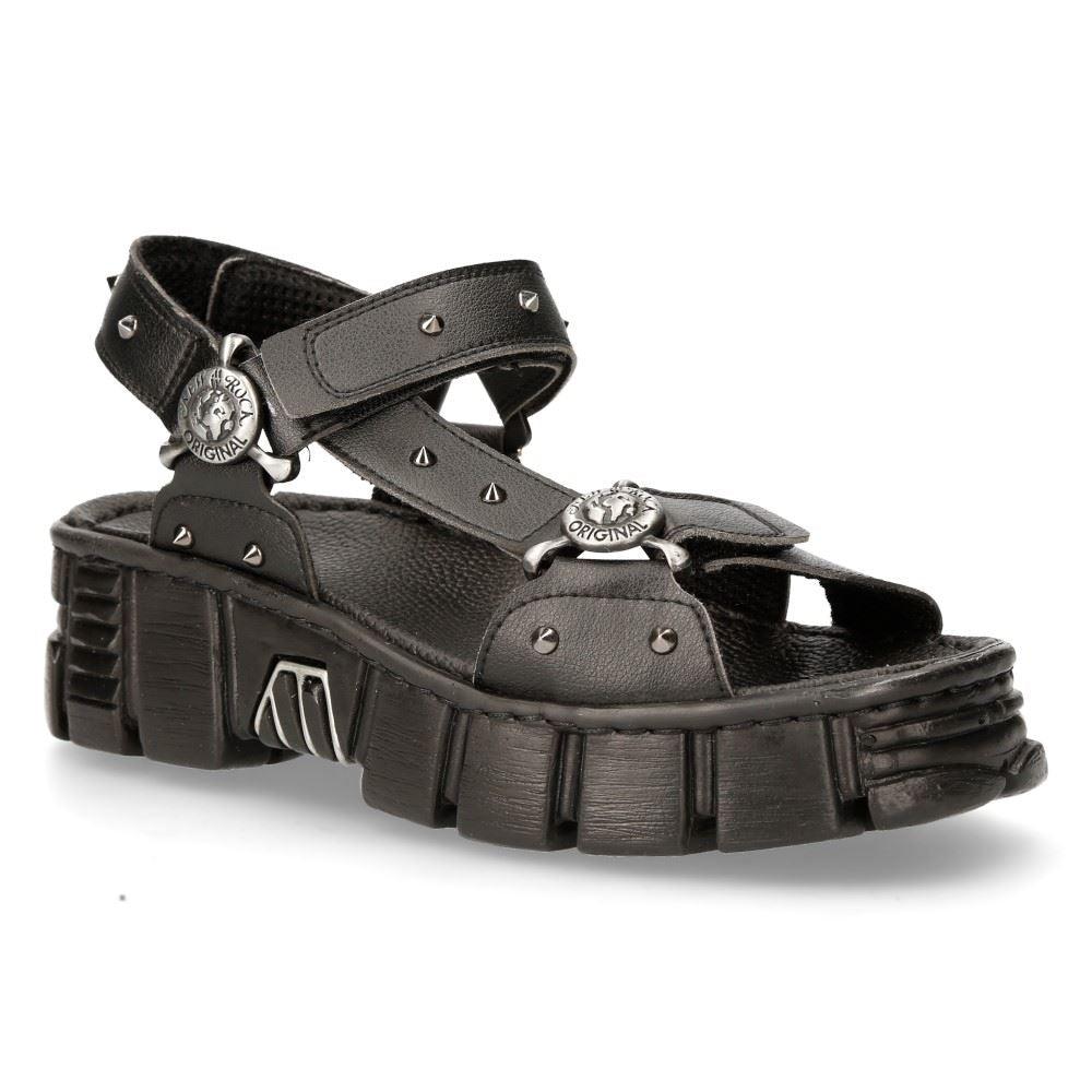 New Rock Boots BIOS120-V1 Unisex Metallic Black Vegan Leather Sandal Punk Rock - Knighthood Store