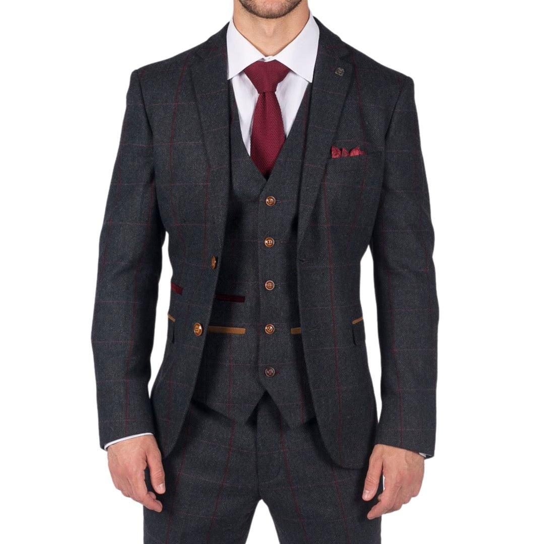 Mens Herringbone Tweed 3 Piece Navy Red Check Suit Vintage 1920s Tailored Fit - Knighthood Store