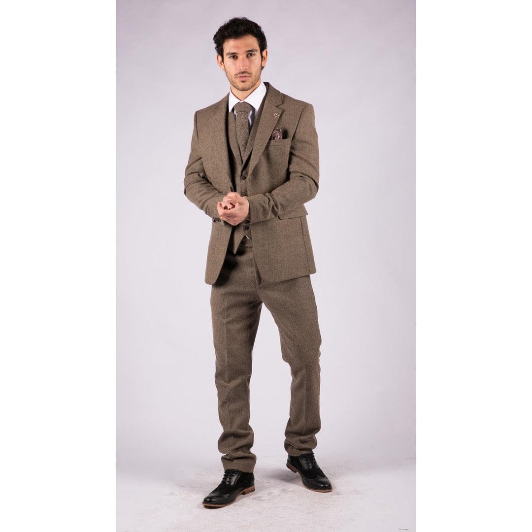 Mens Oak 3 Piece Tweed Suit Herringbone Wool Vintage Retro Fit - Knighthood Store