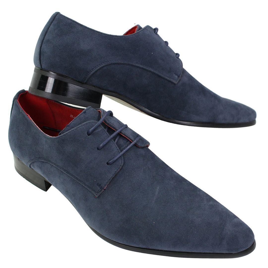 Mens Laced Pointed Suede Leather Blue Italian Design Shoes Smart Casual - Knighthood Store