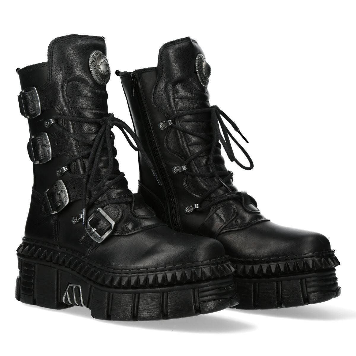 New Rock Boots Punk WALL373-S6 Unisex Metallic Black Leather Platform EMO - Knighthood Store