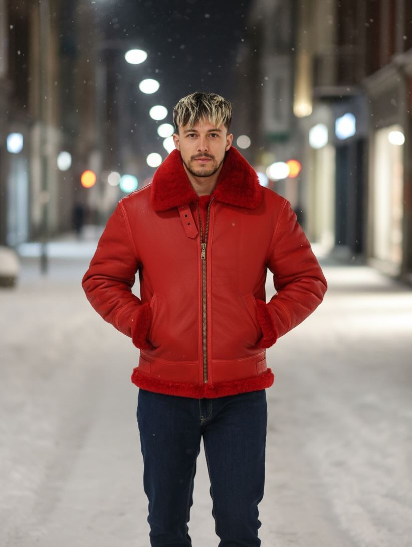 Men's Red Shearling B3 Bomber Leather Jacket