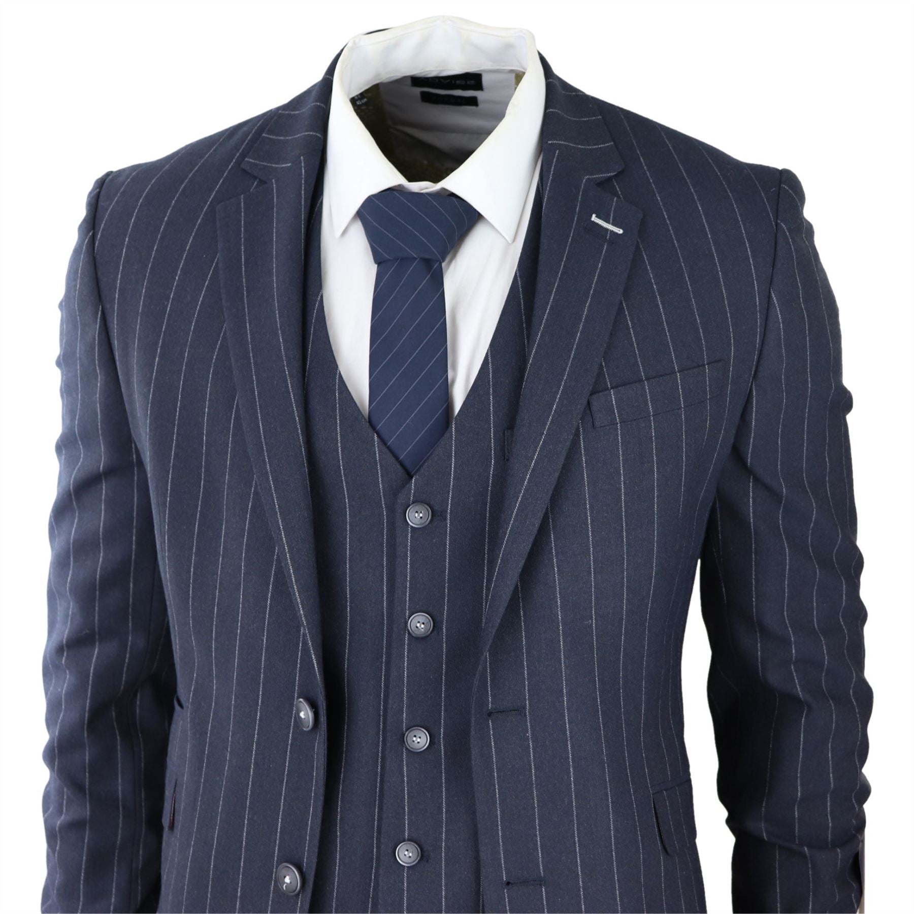 Mens 3 Piece Suit Pin Stripe Navy Classic Vintage Retro 1920s Tailored Fit Wedding