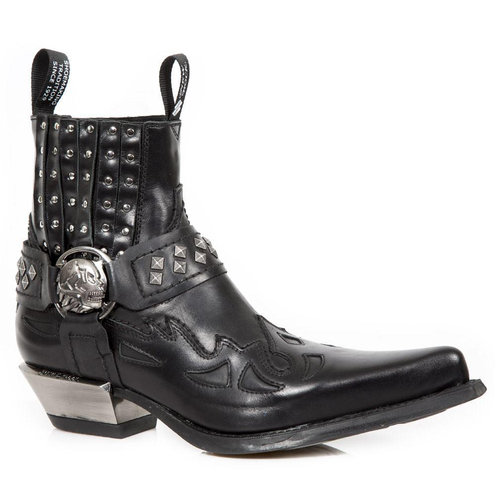 New Rock M.7950-S1 Black Ankle Boots Western Goth Strap Skull Stud Metal - Knighthood Store