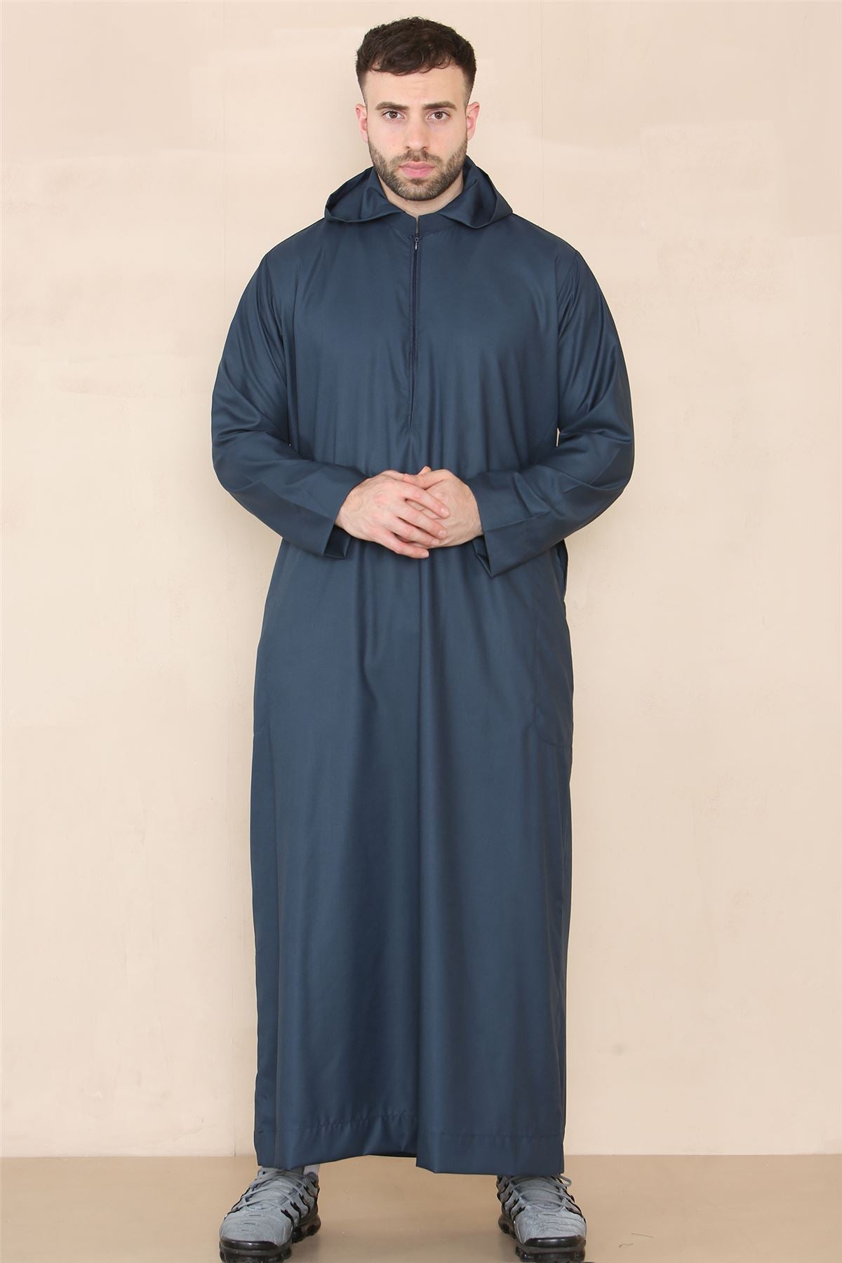 Mens Hooded Thobe Hood Jubba Nehru Stand Collar Islamic Clothing Muslim Kaftan Robe Saudi Slim Regular Fit