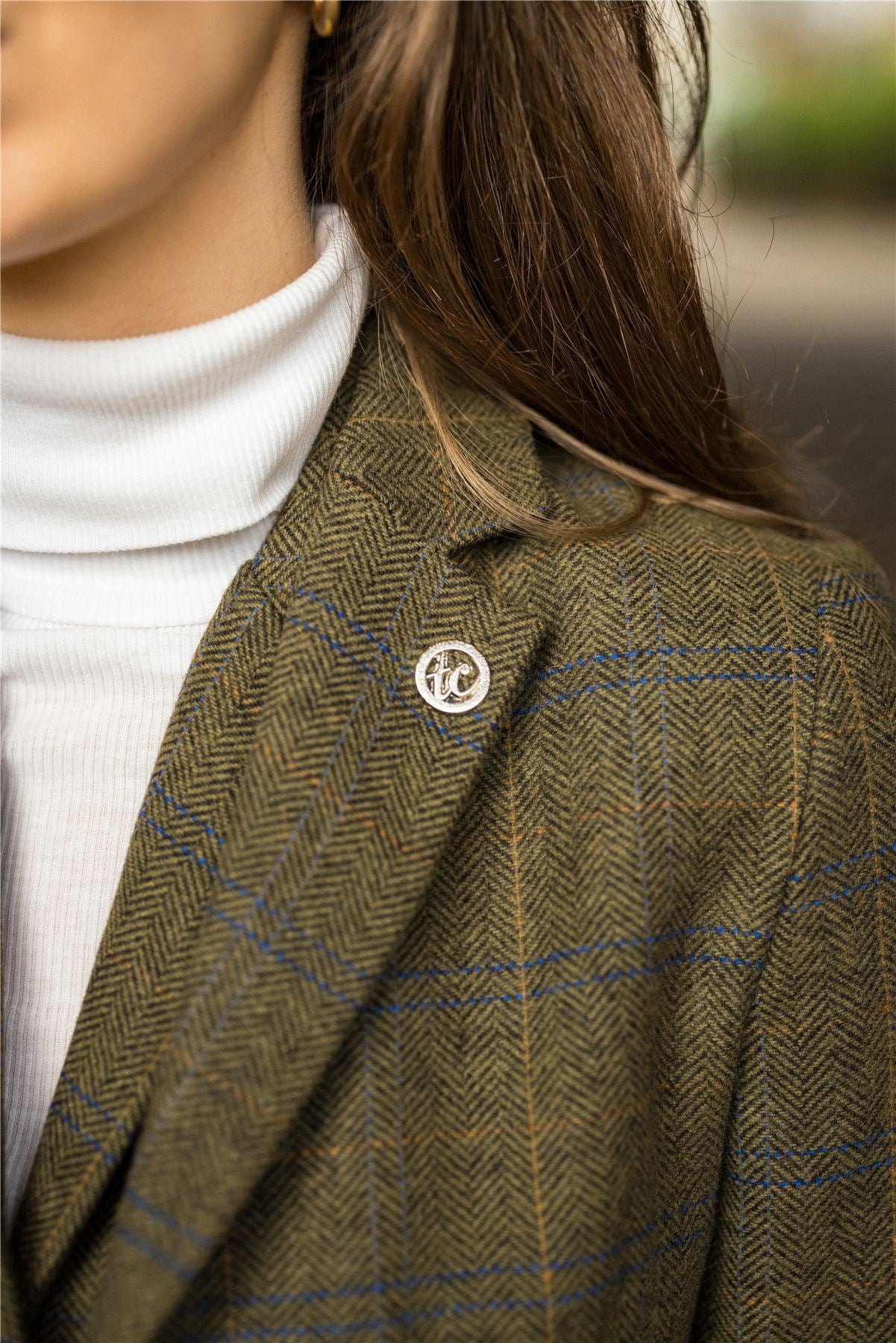 Women's Olive Green Wool Blend Tweed Herringbone Checkered Blazer Waistcoat