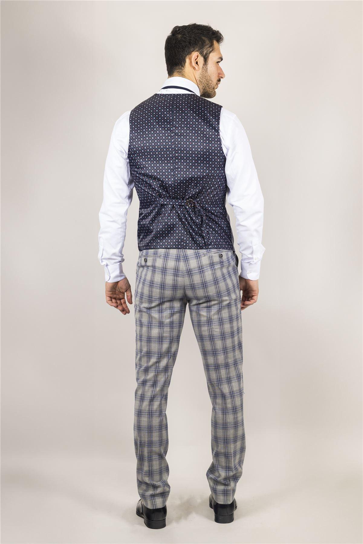 Men's Waistcoat Grey Blue Checked Tailored Fit Vest - Knighthood Store